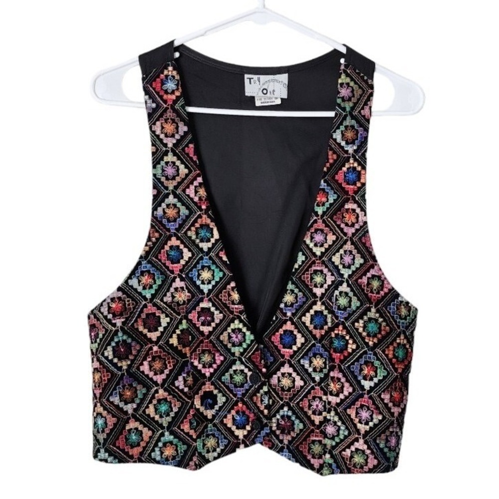 TRY ONE VINTAGE 90s Waistcoat Rainbow embroidery dark academia vest size M